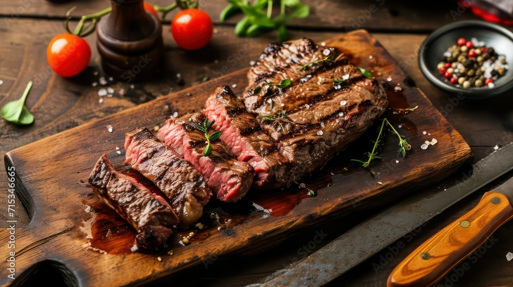 grilled meat on a wooden board