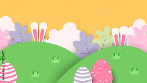 Colorful colourful vector happy easter day in paper style with egg and flower. Vector easter illustration flyer template