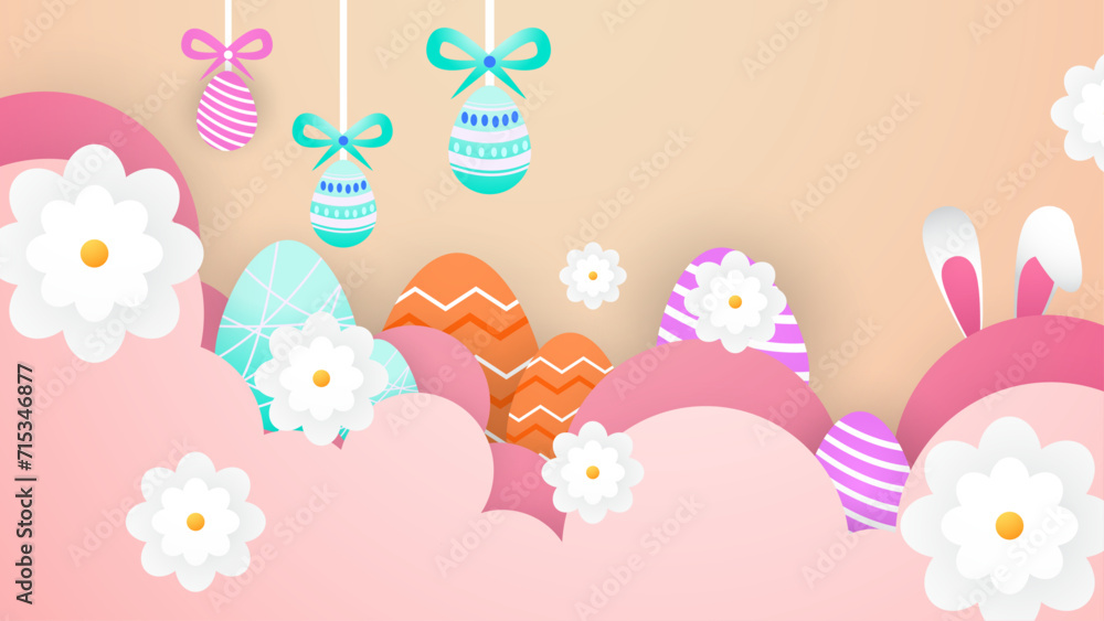 Colorful colourful vector happy easter background. Greeting card, poster or background with bunny, flowers and easter egg. Egg hunt poster. Vector easter illustration flyer template