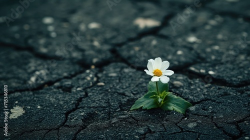 Tiny white flower broke through dry cracked asphalt. © Pro Hi-Res