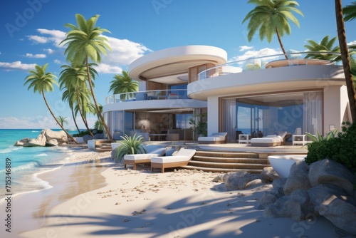 Beachfront Vacation House Design, on an isolated Sandy Beige background, Generative AI