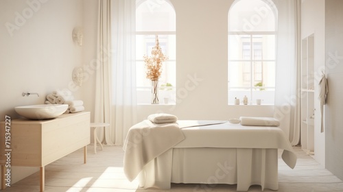 Beautiful spa elements on the massage table in the wellness center. Massage on light wooden background. blur living room  natural creams and moisturizing Healthy lifestyle