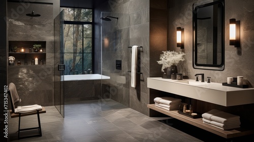 Wallpaper Mural Clean, neutral colored, yet masculine bathroom, interior, apartment, design, house, luxury, modern, light, home, white, sink, room, floor, wall, bath Torontodigital.ca