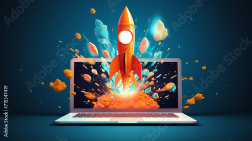 Spaceship, laptop and startup progress on space mission in research, exploration or discovery. Science, innovation or technology in business, finance development and success photo