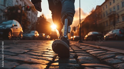 athlete man with prosthetic leg walking outdoor, close up at disabled young man with prosthetic leg walking along the street, prostheses standing, one way to win is to be yourself, generate by AI. photo