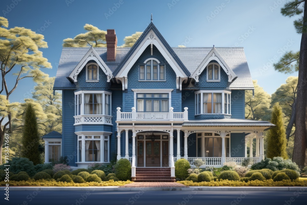 Colonial Revival Style Home Design, on an isolated Colonial Blue background, Generative AI