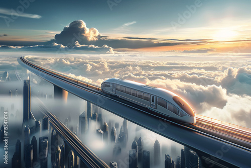 High speed rail passing through cloud city viaducts.
