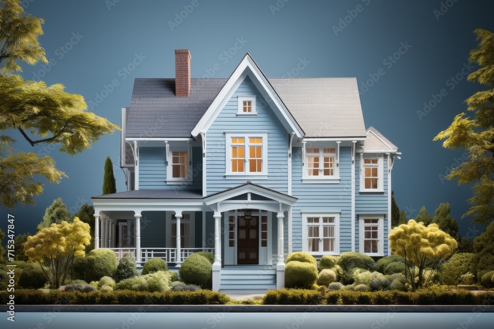 Colonial Revival Style Home Design, on an isolated Colonial Blue background, Generative AI