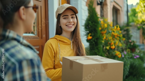 Happy smiling woman receives boxes parcel from courier in front house. Delivery man send deliver express. online shopping, paper containers, takeaway, postman, delivery service, packages.. © pinkrabbit