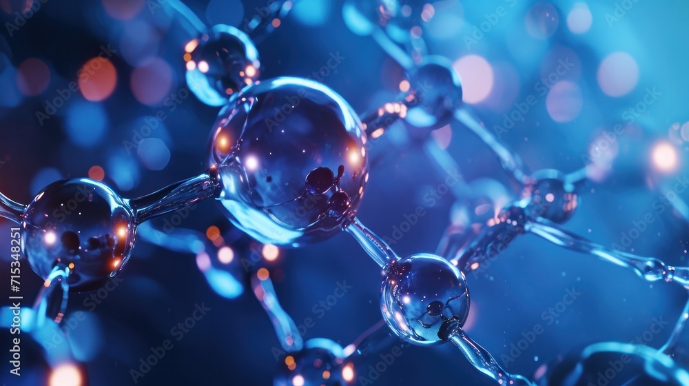 molecule or atom, Abstract structure for Science or medical background, 3d illustration, science, atom, abstract, chemistry, structure, blue, chemical, background. - obrazy, fototapety, plakaty 