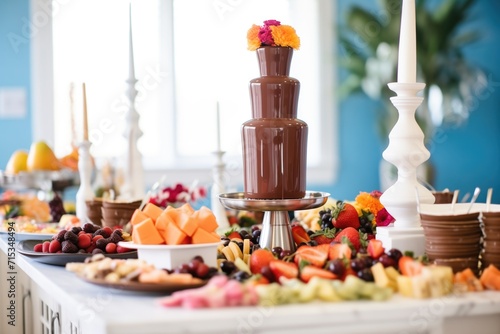 chocolate fountain on a dessert table with fruit skewers and sweets