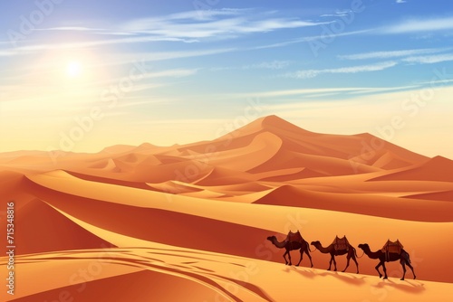 Three silhouetted figures are riding camels across undulating sand dunes