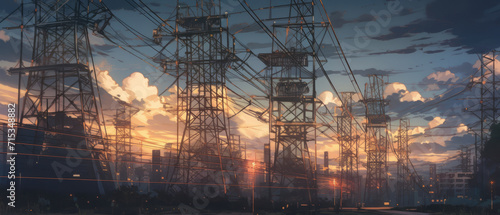 The grid, electrical grid, power grid. An electrical power grid represented by wires and small lamps photo