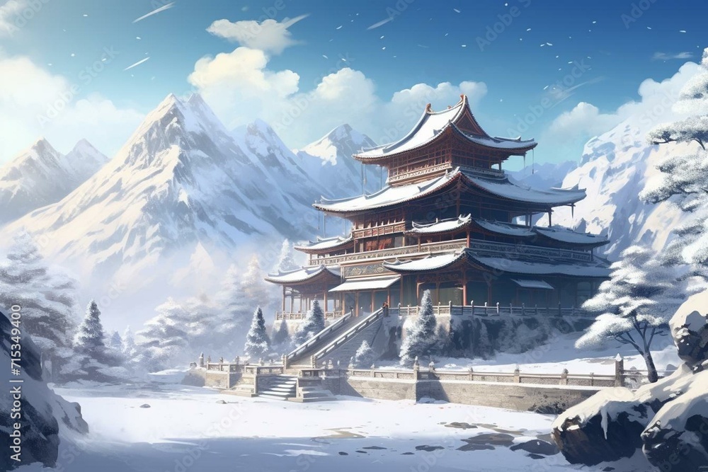 Illustration of a Buddhist temple in a snowy winter landscape with mountains. Generative AI
