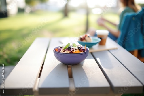 outdoor setting with an acai bowl on a picnic table photo
