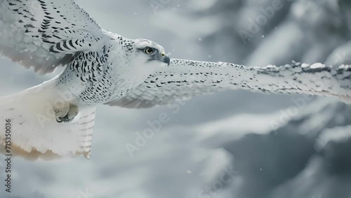 Closeup of a majestic gyrfalcon in midflight its snowwhite feathers ruffled by the wind as it swoops in to catch its target photo