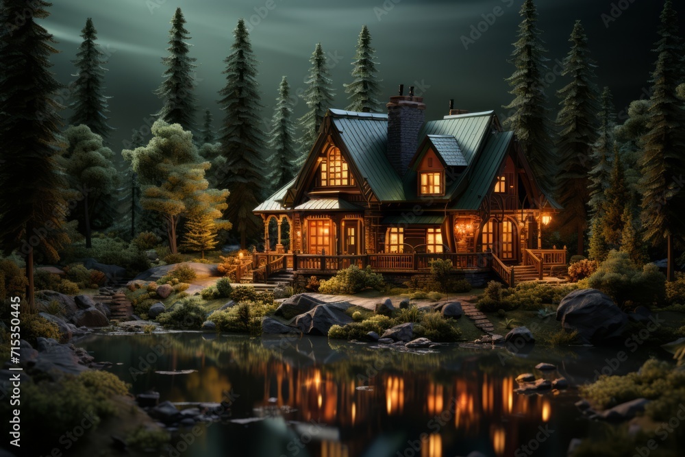 Cozy Cabin in the Woods Sketch, on an isolated Forest Green background, Generative AI