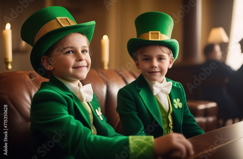 children close-up in leprechaun costume. Irish pub. st patrick's day concept