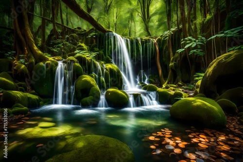 A hidden, moss-covered waterfall nestled within a dense forest. The cascading water creates a soothing soundtrack, blending with the chirping of birds and the rustling of leaves. 