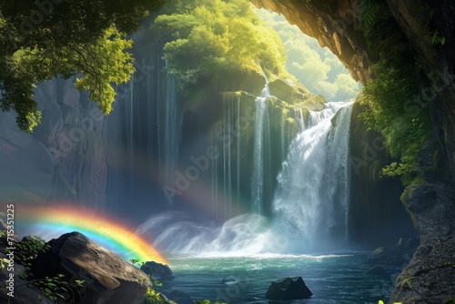 breathtaking and magical landscape featuring a waterfall surrounded by lush greenery