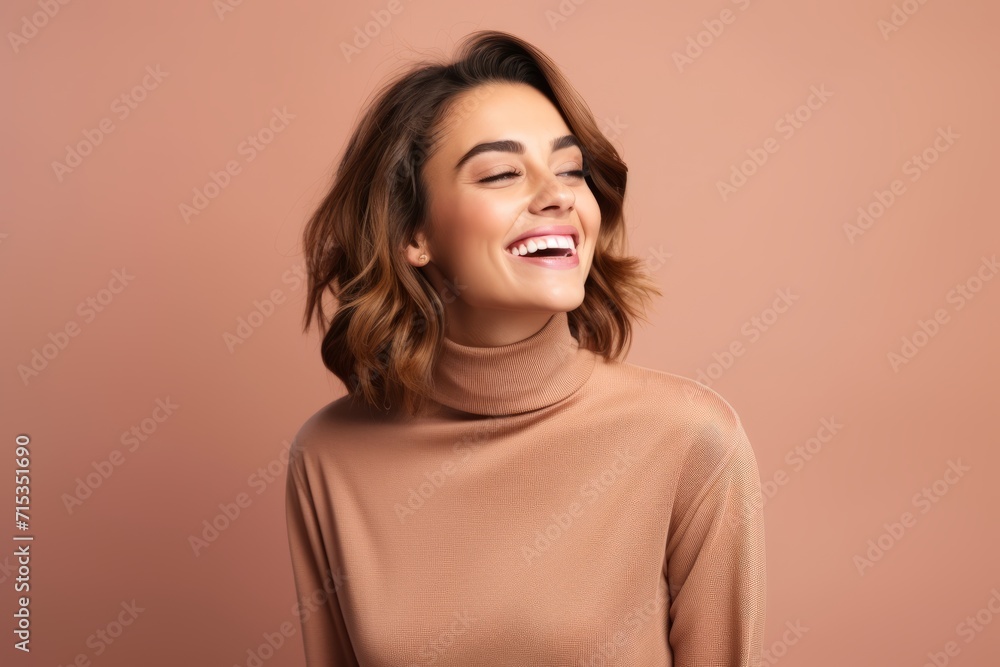 Happy young woman with closed eyes and closed eyes on beige background Happy young woman with closed eyes and closed eyes on beige background