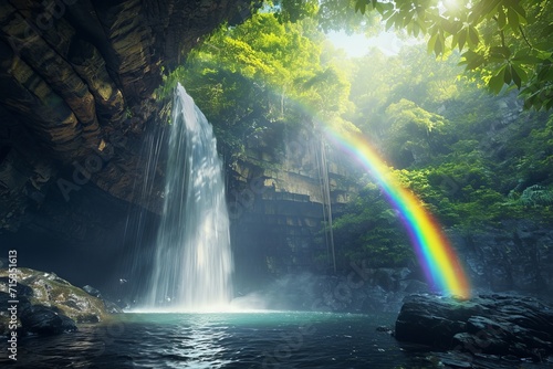 vibrant rainbow emerges from the base of the cascading waterfall