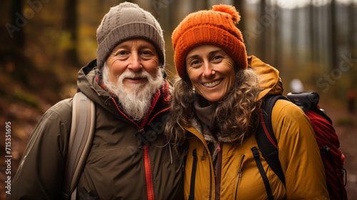 An elderly father and his adult daughter share a joyful moment while hiking in the woods  showcasing a strong family bond and love for nature. 