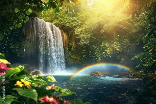 waterfall surrounded by vibrant rainbow