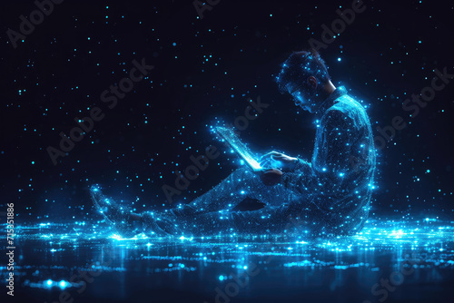 virtual holographic triangulator-style vector of a businessman holding a tablet on, a blue background, monotone color © Md.Pipul