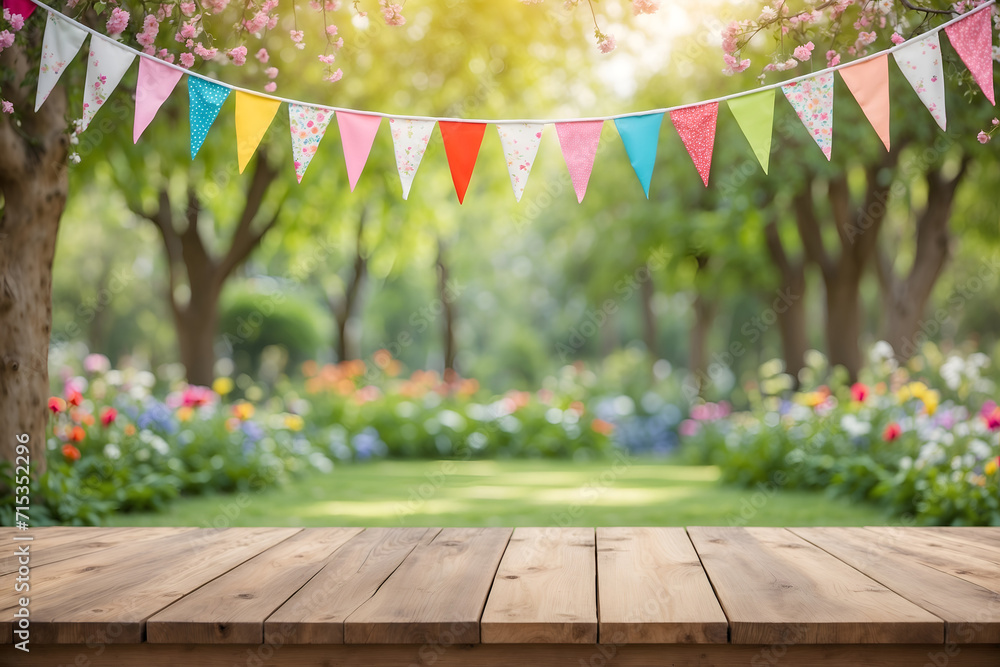 Wooden tabletop with colorful hanging flags and blurred green garden background