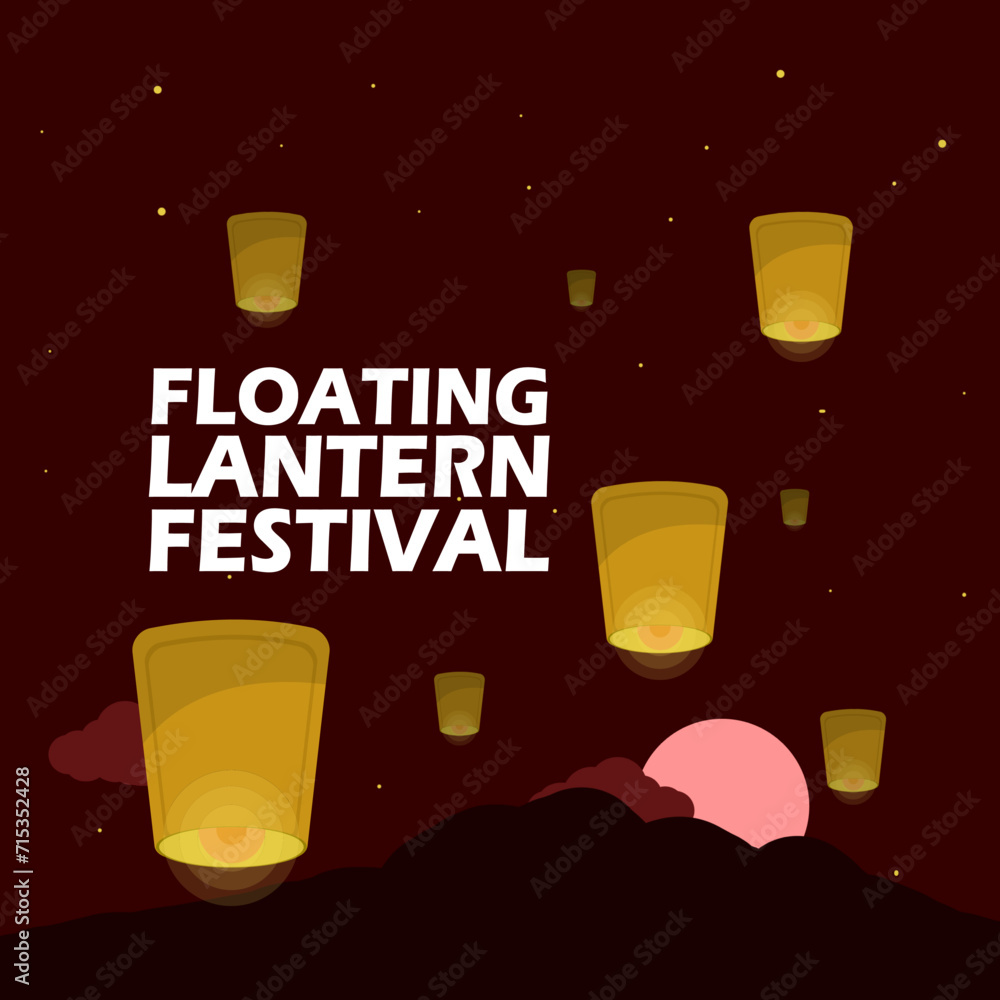 Floating Lantern Festival event banner. Flying lanterns float in the