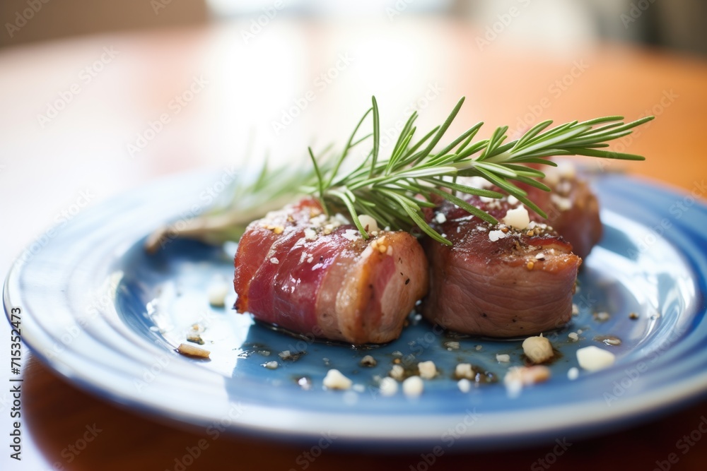 bacon-wrapped filet mignon on a ceramic plate with rosemary bacon-wrapped filet mignon on a ceramic plate with rosemary