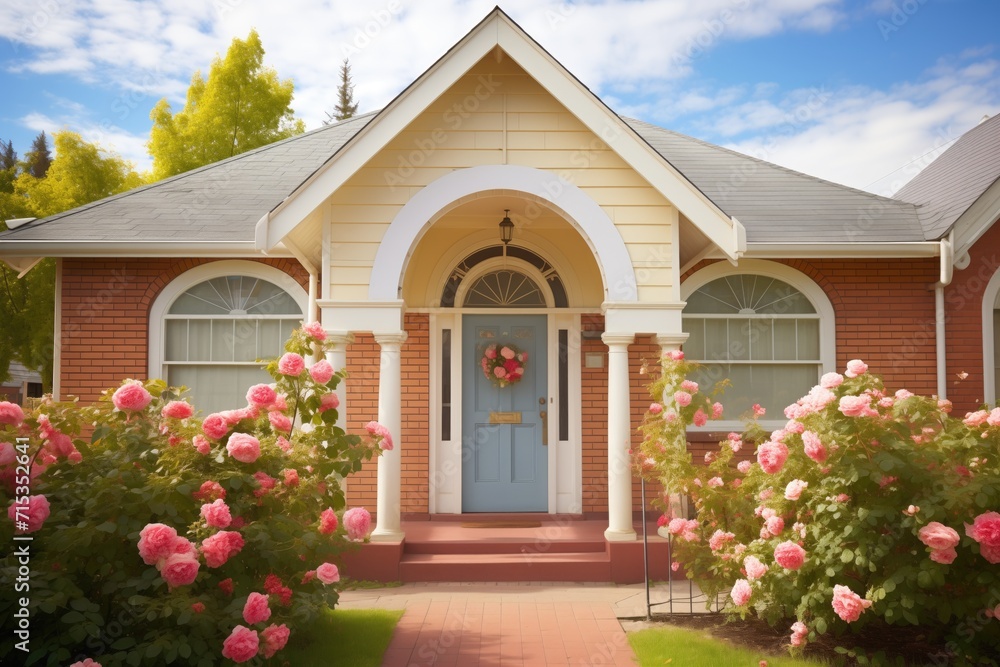 Fototapeta premium colonial home, arched central door, climbing roses, sunny lawn