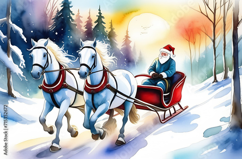 Santa Claus rides in a sleigh drawn by white horses. postcard using watercolor technique. new year concept