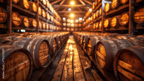 Whiskey, bourbon, scotch, wine barrels in an aging facility