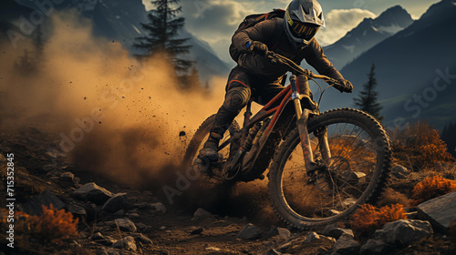 A focused mountain biker fiercely takes on a challenging downhill trail, his bike kicking up a cloud of dust in a rugged mountain setting.  © wanchai