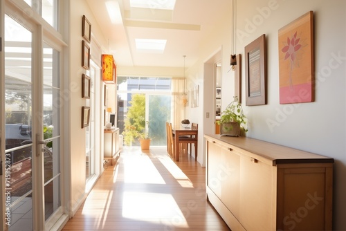 sunlit hallway in extension with view into backyard