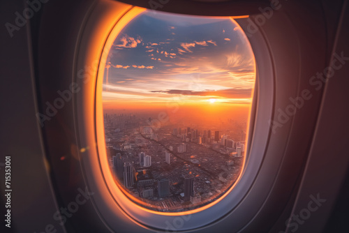 View of the city and the beautiful sunset from the plane's porthole © Alina Zavhorodnii