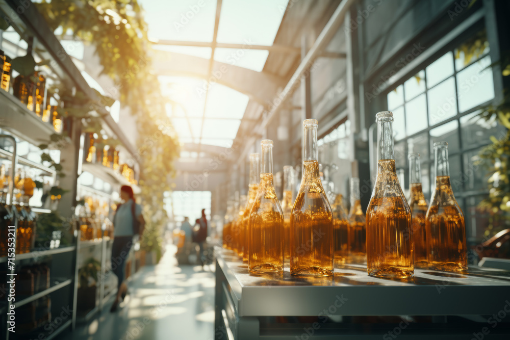 Sunlit bottles in a modern greenhouse setting Sunlit bottles in a modern greenhouse setting