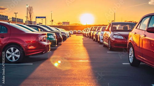 Row of brand new cars lined up outdoors in a parking lot at sunset