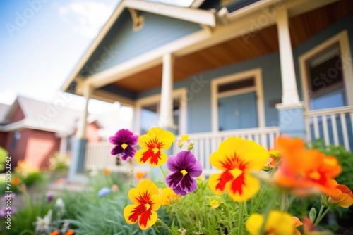vibrant flowers in front of a home with pronounced eaves © altitudevisual
