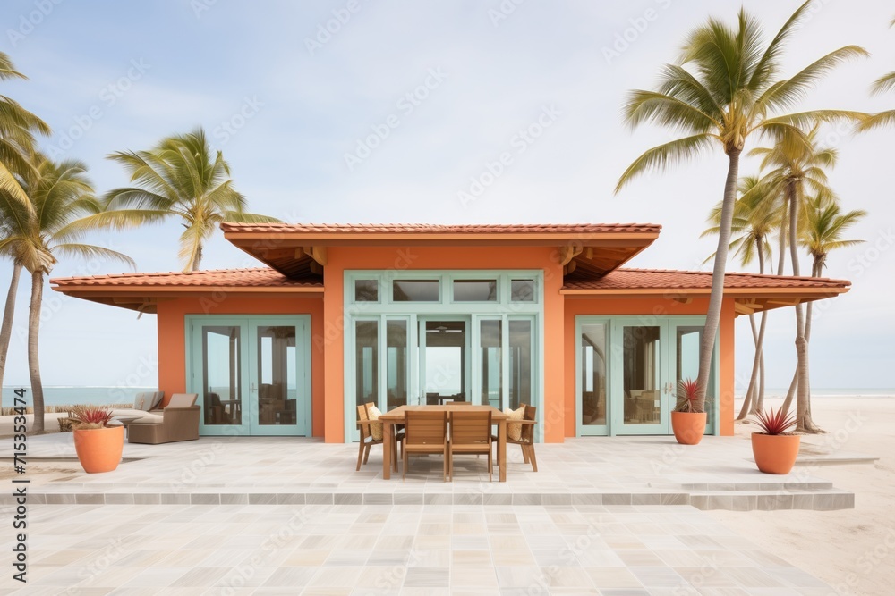 beachfront property with clay tiles and palm trees