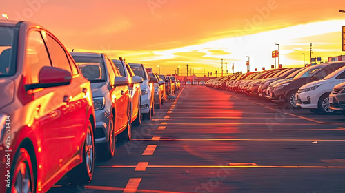 Row of brand new cars lined up outdoors in a parking lot at sunset