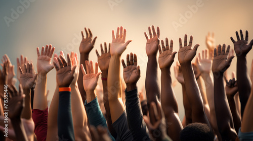Group of diverse arms raised up hand up, hands raised in the air photo