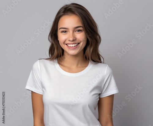 Young brunette woman wearing casual white t shirt with a happy and cool smile on face.