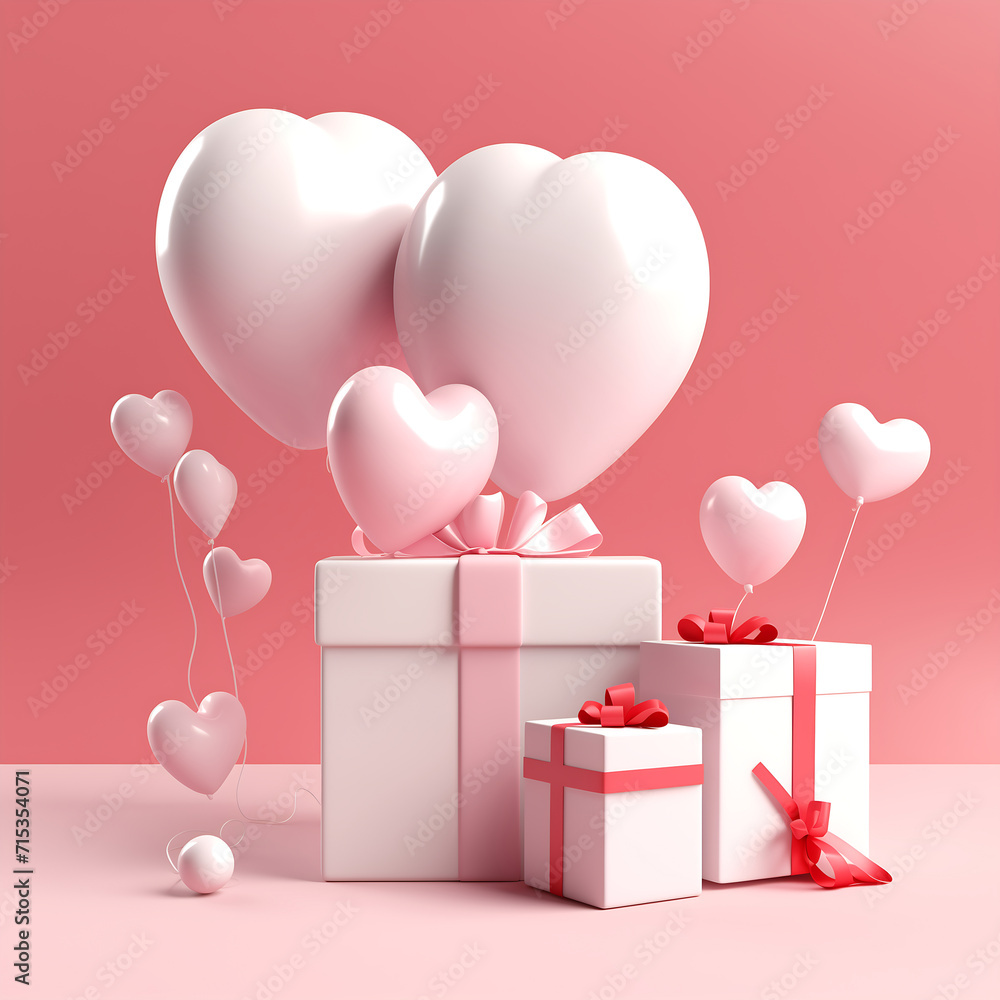 Valentine's day background with gift boxes and hearts. 3D Render