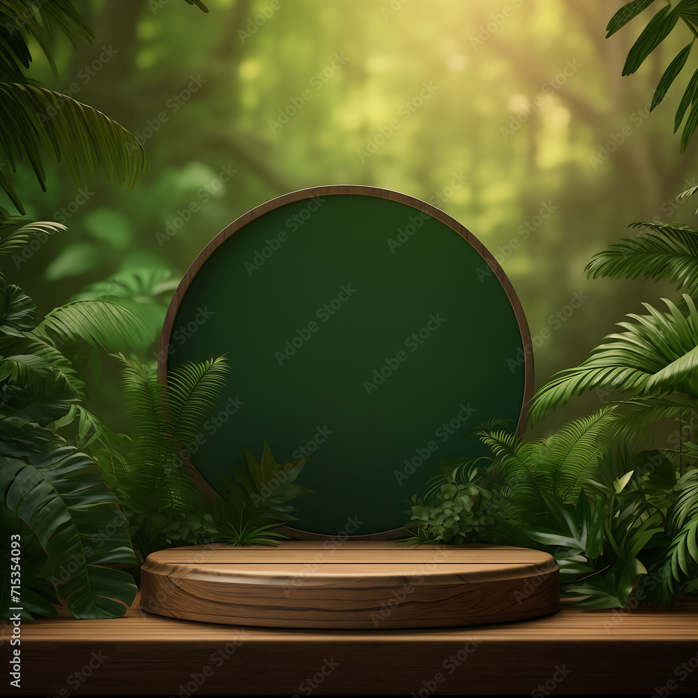 Wooden podium with green round frame in the jungle. 3d render Wooden podium with green round frame in the jungle. 3d render