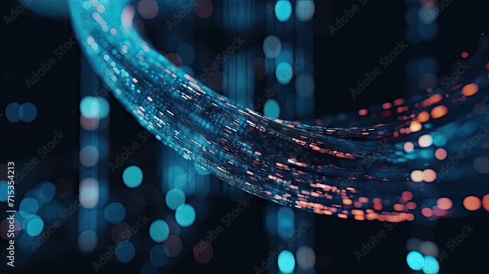 Fototapeta premium 3D Rendering of abstract wire cable tunnel with digital binary data transmitting. Depth of field effect. Inside AI concept. Technology, machine learning, big data, virtualization. Product background