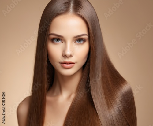 Beautiful model girl with shiny brown and straight long hair . Keratin straightening 