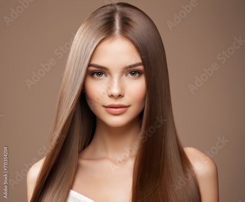 Beautiful model girl with shiny brown and straight long hair . Keratin straightening 